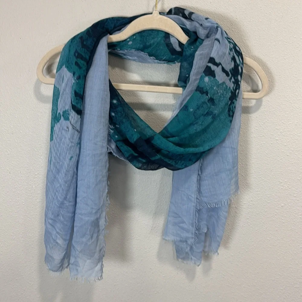 Blue pacific cashmere‎ and silk Owl Print Scarf in Teal light blue and Black